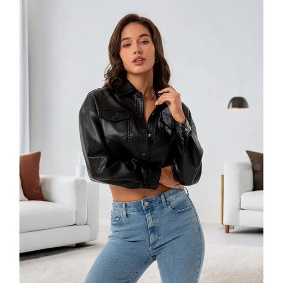 Women Black Cropped Moto Biker Short Comfortable Pu Faux Leather Fashion Jacket - Picture 2 of 7